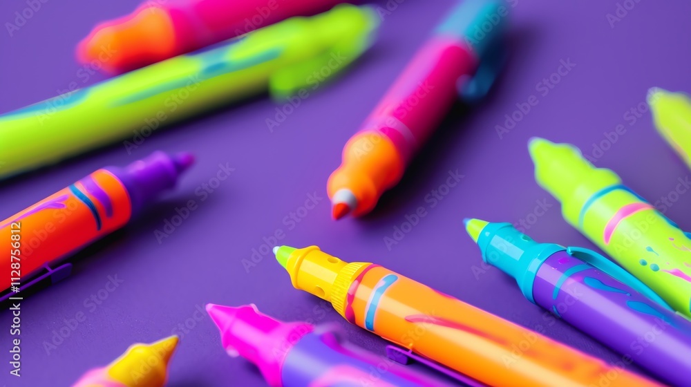 Obraz premium A collection of bright, colorful markers on a purple background.