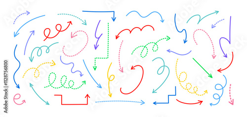 Hand-drawn decorative colorful arrows and curved lines on white background