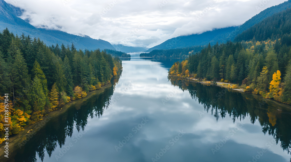 A tranquil drone view of a serene lake reflecting autumn foliage from surrounding trees. A tranquil drone view of a serene lake reflecting autumn foliage from surrounding trees.