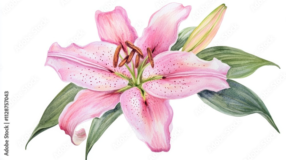 Hand drawn watercolor pink lily flower isolated on white background Hand drawn watercolor pink lily flower isolated on white background