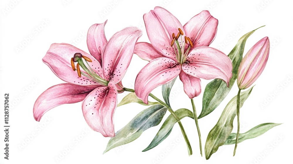 Hand drawn watercolor pink lily flower isolated on white background Hand drawn watercolor pink lily flower isolated on white background