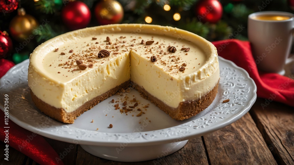 eggnog cheesecake served on a wooden table with Christmas theme eggnog cheesecake served on a wooden table with Christmas theme