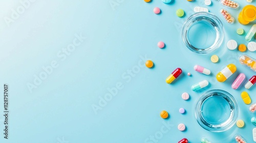 Colorful Pills and Medications Surrounding Clear Glasses of Water