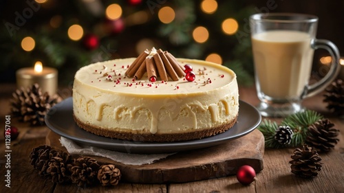 eggnog cheesecake served on a wooden table with Christmas theme photo