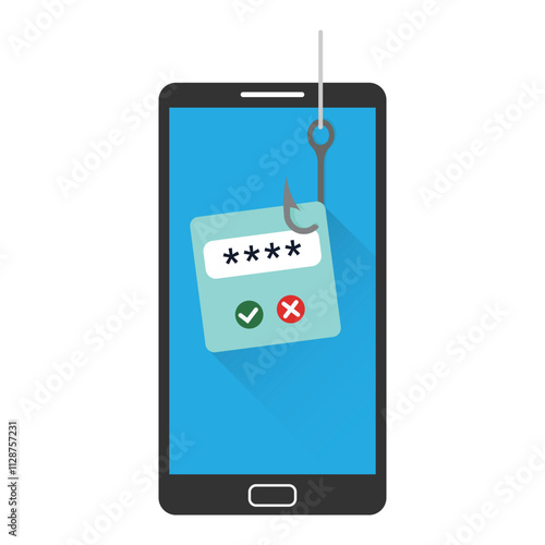 Phishing attack concept. Vector illustration of a hook catching a password input field displayed on the phone