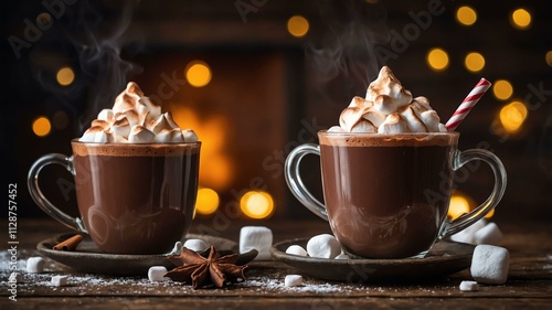 hot chocolate with marshmallows drinks served on a wooden table with Christmas theme photo