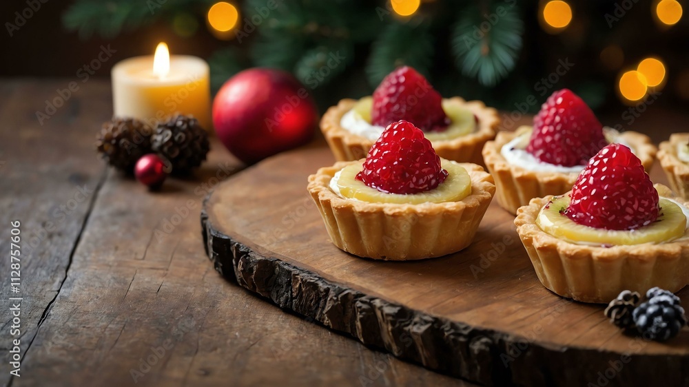 mini fruit tarts served on a wooden table with Christmas theme mini fruit tarts served on a wooden table with Christmas theme