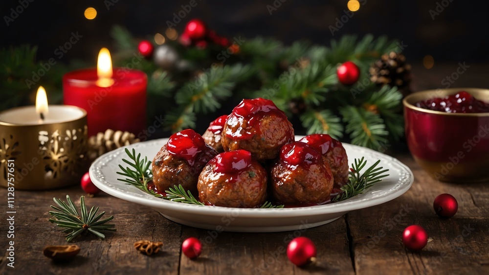 mini meatballs with cranberry sauce served on a wooden table with Christmas theme mini meatballs with cranberry sauce served on a wooden table with Christmas theme