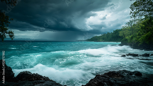 A tropical lagoon transforming under a sudden storm with torrential rain and churning waves overtaking the calm waters. photo