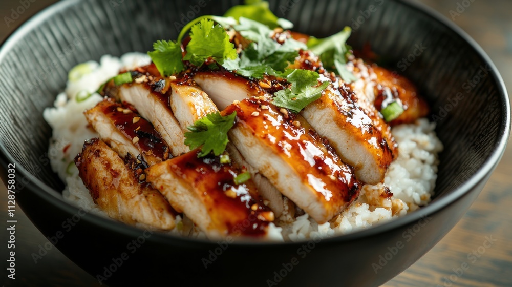 Sliced teriyaki chicken breast on white rice, garnished with cilantro and chili flakes in a black bowl. Sliced teriyaki chicken breast on white rice, garnished with cilantro and chili flakes in a black bowl.