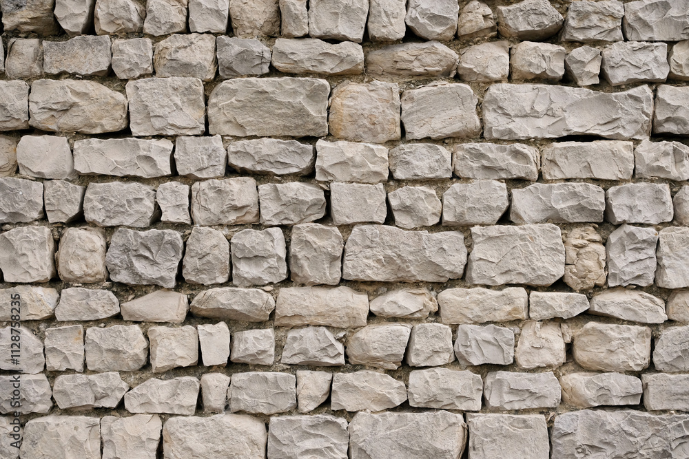 Stone wall is constructed with uneven, rough-cut gray stones. Detail of traditional stone masonry from the South of France. Stone wall is constructed with uneven, rough-cut gray stones. Detail of traditional stone masonry from the South of France.