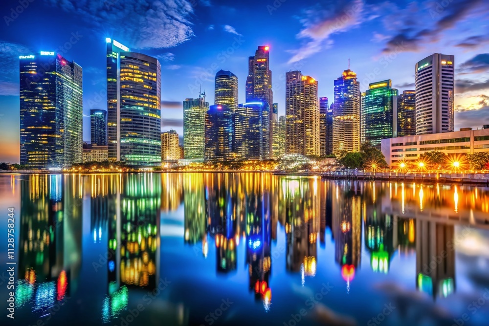 Naklejka premium Captivating Nighttime City Skyline with Illuminated Buildings Reflecting on Calm Waters for Modern Urban Architecture Lovers