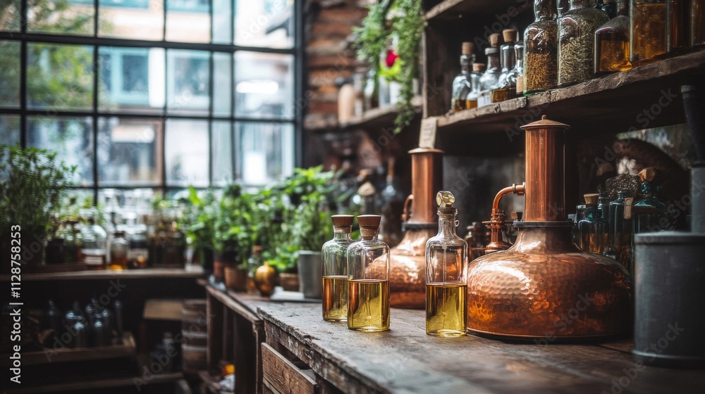 Copper Still and Glass Bottles of Liquid on Wooden Counter Copper Still and Glass Bottles of Liquid on Wooden Counter