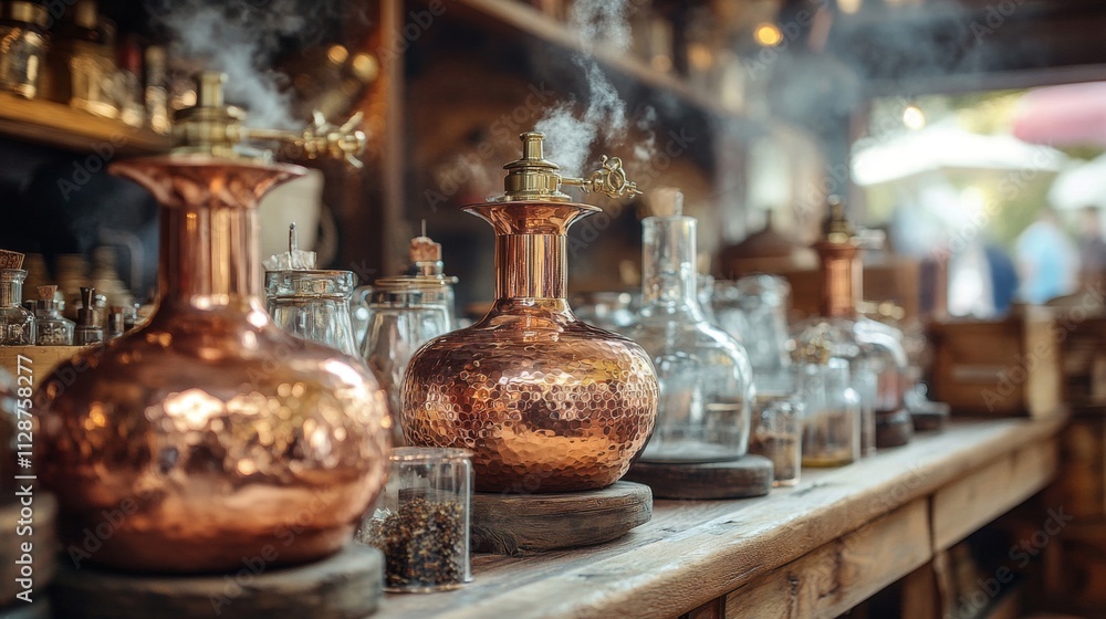 Copper and Glass Bottles with Steam on a Wooden Counter Copper and Glass Bottles with Steam on a Wooden Counter