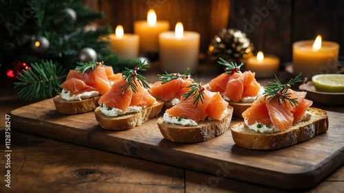 smoked salmon crostini served on a wooden table with Christmas theme