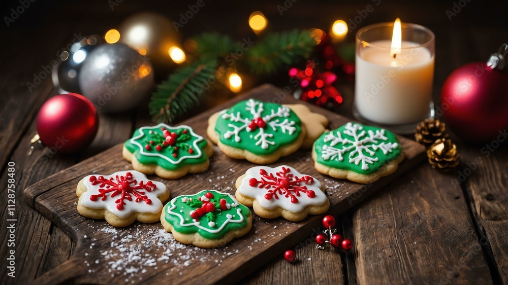 sugar cookies with icing decorations served on a wooden table with Christmas theme sugar cookies with icing decorations served on a wooden table with Christmas theme