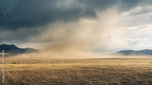 A vast desert scene divided horizontally into sunlit dunes and a sudden sandstorm. photo