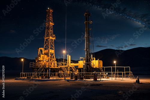 Modern oil well with pipes and drills at starry night, nighttime working. Drilling derricks, oilfield for fossil fuels output and crude oil production. Petroleum produced concept. Copy ad text space photo