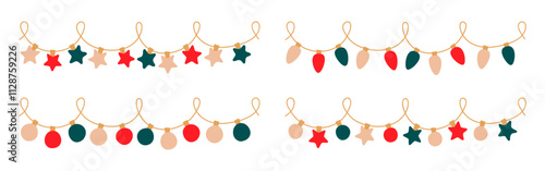 Christmas lights set. Garlands with colored bulbs - circle, star, ellipse. Glowing Xmas festive string decoration with hanging retro lamps lightbulb for holiday cards, banners, posters, web. Vector