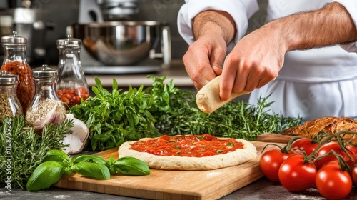 Bakers knead fresh pizza dough on wooden tables, preparing for baking in a school culinary class or home baking setting