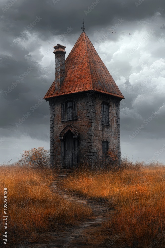 Fototapeta premium A solitary, weathered house stands amidst tall, autumn grasses under a stormy sky, creating a moody atmosphere perfect for use in horror themes, storytelling, or atmospheric landscapes,