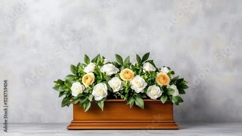 Elegant floral arrangement of white and yellow roses in a wooden box on a neutral background.
