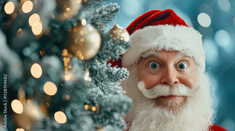 Santa Claus with joyful expression near decorated Christmas tree, surrounded by sparkling lights and ornaments, spreading holiday cheer Santa Claus with joyful expression near decorated Christmas tree, surrounded by sparkling lights and ornaments, spreading holiday cheer