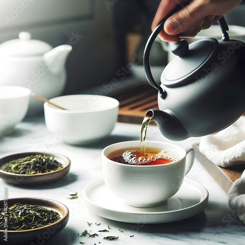 Time for a cup of tea. A serene moment captured as tea is poured from a dark teapot into a white cup.