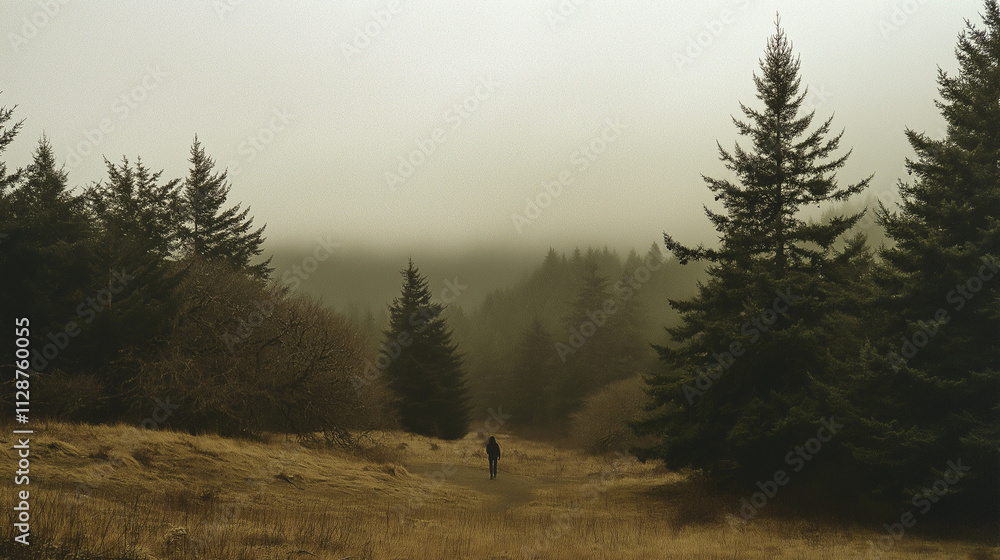 Lone Walker on a Foggy Forest Path Amid Serene Pine Trees Lone Walker on a Foggy Forest Path Amid Serene Pine Trees