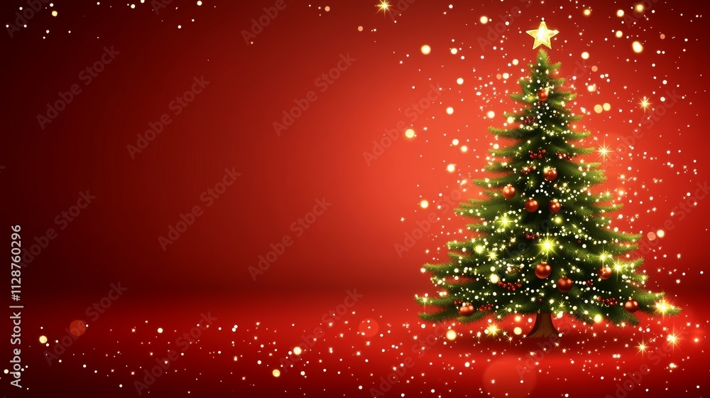 Christmas background with xmas tree and sparkle bokeh lights on red canvas background Merry christmas card Winter holiday theme Happy New Year Space for text Christmas background with xmas tree and sparkle bokeh lights on red canvas background Merry christmas card Winter holiday theme Happy New Year Space for text