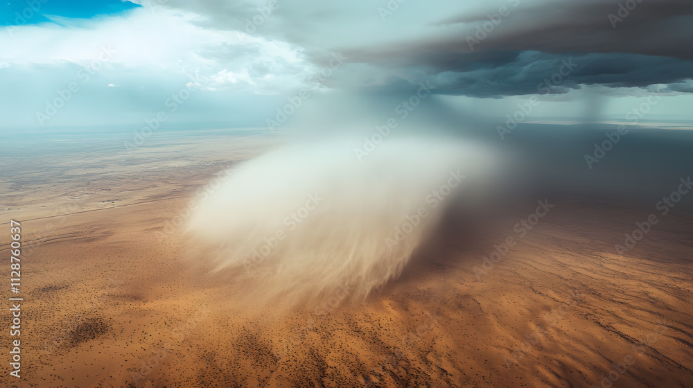 A vivid aerial shot of a tornado crossing a vast desert landscape framed by the airplanes window. A vivid aerial shot of a tornado crossing a vast desert landscape framed by the airplanes window.