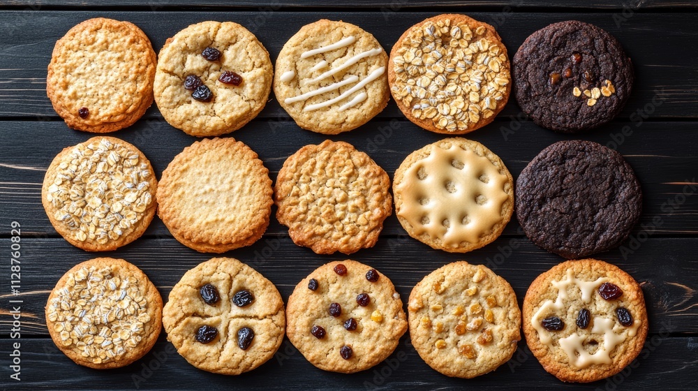Rows of various shortbread and oat cookies with cereals and raisin on black wooden background Top view Rows of various shortbread and oat cookies with cereals and raisin on black wooden background Top view