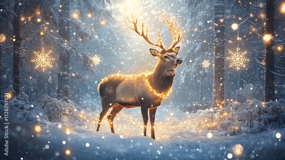 A majestic deer with glowing antlers stands in a snowy forest, creating a magical winter scene. A majestic deer with glowing antlers stands in a snowy forest, creating a magical winter scene.