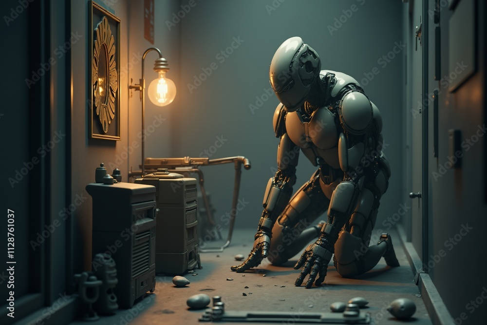 Futuristic robot kneeling and exploring a ruined room Futuristic robot kneeling and exploring a ruined room