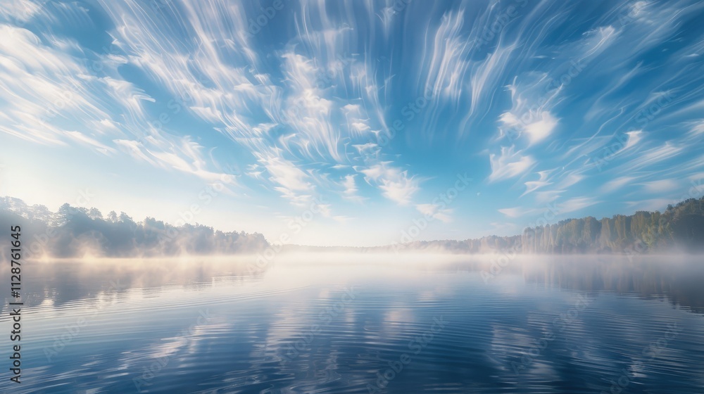 Obraz premium High-end photography of a serene lake on a misty morning, the sky above filled with wondering clouds