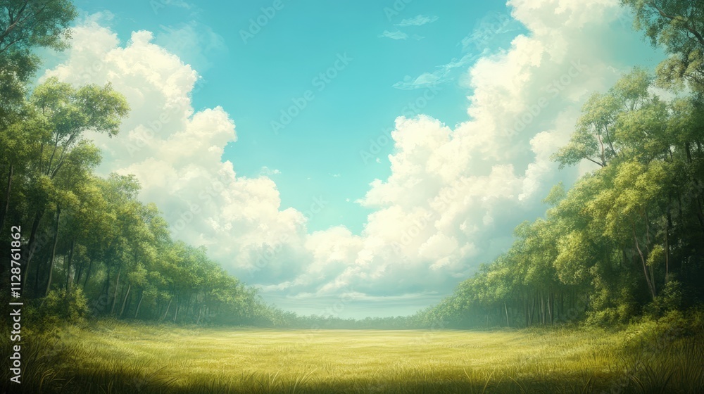 A serene landscape featuring a lush field bordered by tall trees under a bright blue sky with fluffy clouds, ideal for nature-themed projects, backgrounds, or tranquil settings in presentations, A serene landscape featuring a lush field bordered by tall trees under a bright blue sky with fluffy clouds, ideal for nature-themed projects, backgrounds, or tranquil settings in presentations,
