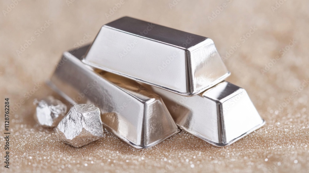 Silver Bars and Nuggets on Sparkling Surface Silver Bars and Nuggets on Sparkling Surface