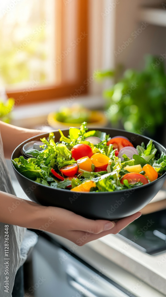 Fresh salad bowl held in bright kitchen setting. Fresh salad bowl held in bright kitchen setting.