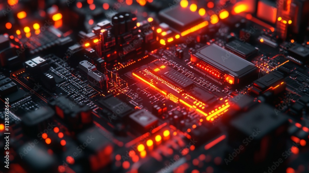 Close-up of a Red-Lit Circuit Board with Integrated Components Close-up of a Red-Lit Circuit Board with Integrated Components