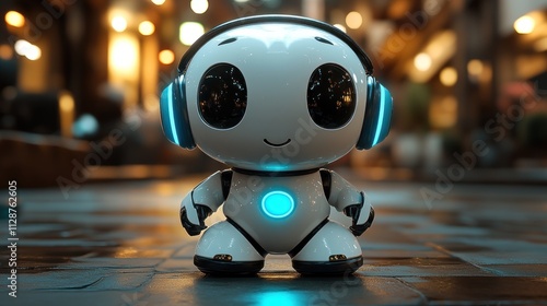 Cute robot with headphones standing on a city street at night.