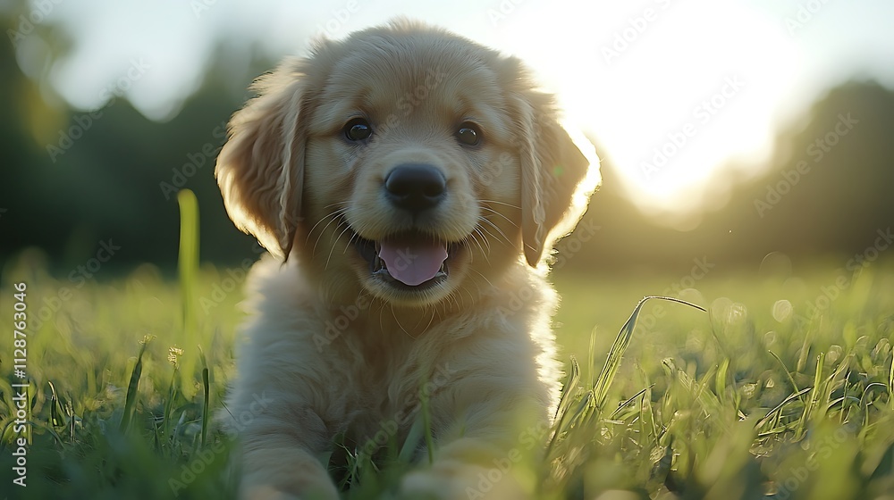 A playful golden retriever puppy sitting on a grassy field during sunset. A playful golden retriever puppy sitting on a grassy field during sunset.