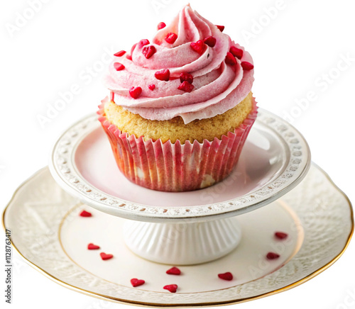 cupcake with pink cream sprinkled with small red heart white background