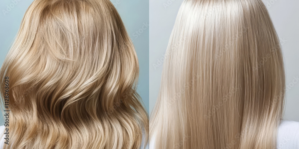 Fototapeta premium Woman with long wavy blond dyed hair from back view on grey background. Woman's light hair before and after keratin or coloring and styling. Hair treatment result before and after.