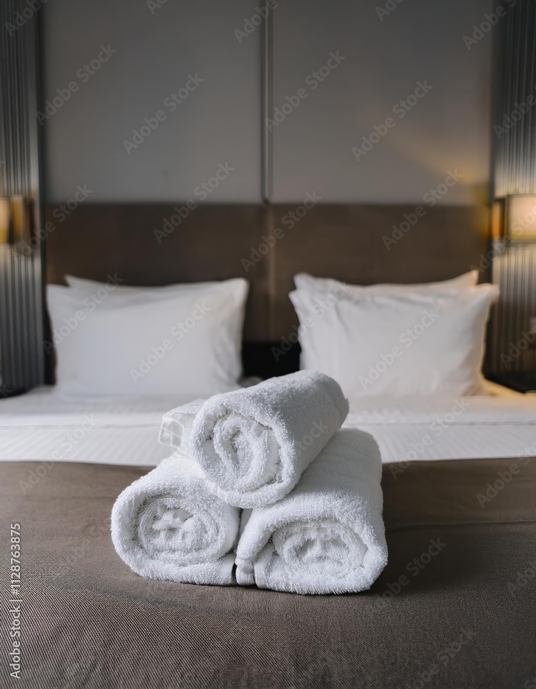 Stack of new white bath towels on bed in hotel room waiting for new guests Stack of new white bath towels on bed in hotel room waiting for new guests