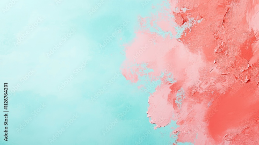 Fototapeta premium Abstract pastel coral pink color paint with pastel blue background Fluid creative concept composition with copy space Minimal natural luxury
