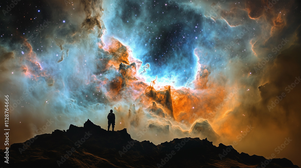 Fototapeta premium 星雲を見上げる地上のシルエット