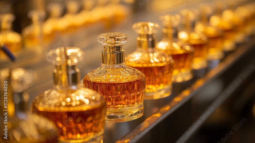 Row of Ornate Perfume Bottles with Golden Liquid Row of Ornate Perfume Bottles with Golden Liquid