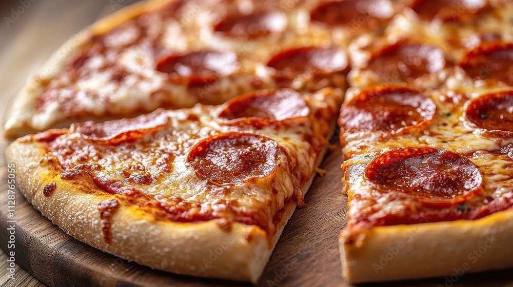 Delicious pepperoni pizza served fresh on a wooden board at a casual dining spot Delicious pepperoni pizza served fresh on a wooden board at a casual dining spot