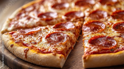 Delicious pepperoni pizza served fresh on a wooden board at a casual dining spot