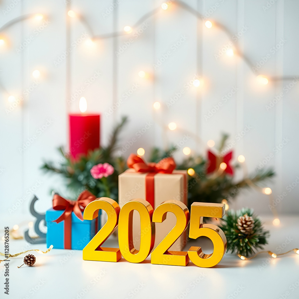 The golden figures 2025 made of candles on a black stone slate background are decorated with a festive decor of stars, sequins, fir branches, balls and garlands. Greeting card, happy New Year.
The golden figures 2025 made of candles on a black stone slate background are decorated with a festive decor of stars, sequins, fir branches, balls and garlands. Greeting card, happy New Year.